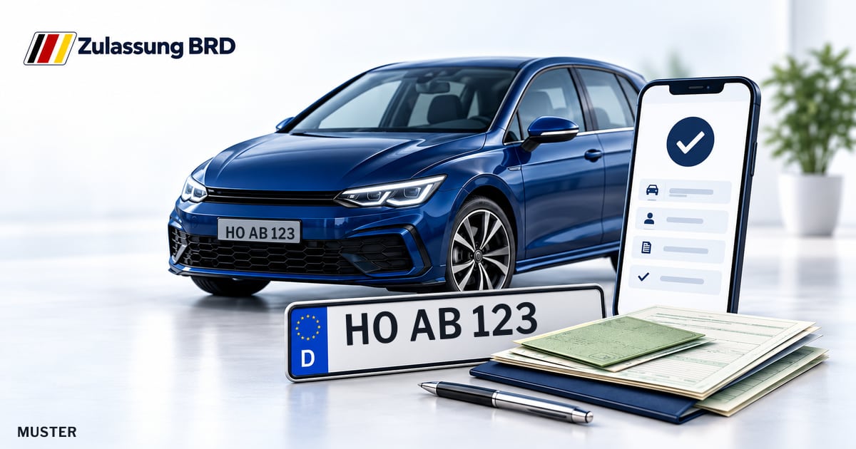 Online Fahrzeugzulassung in Hof: Musterkennzeichen HO AB 123, Auto und Fahrzeugpapiere und Smartphone. Illustration mit Logo von Zulassung BRD.